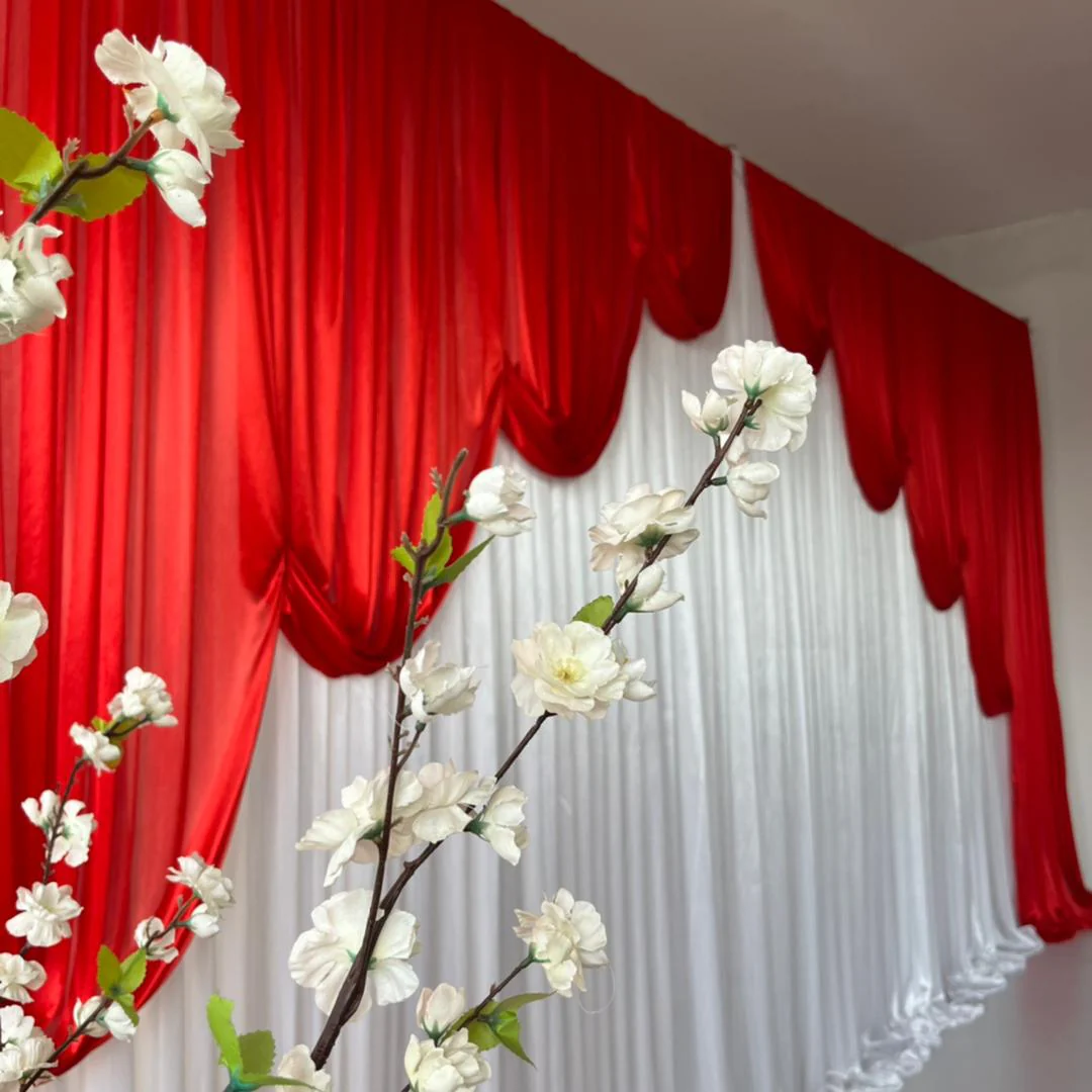 Ice Silk Event Backdrop with Venetian Contour Stage Curtain / Valance Swag - Red & White (6x3m) - Image 4